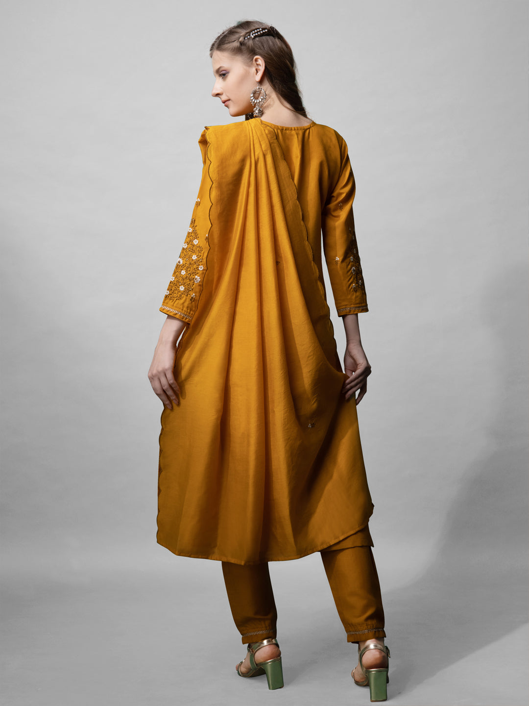 Jyoti Fashion Women's Mustard Cotton Blend Embroidered Kurta Set | Grocsy