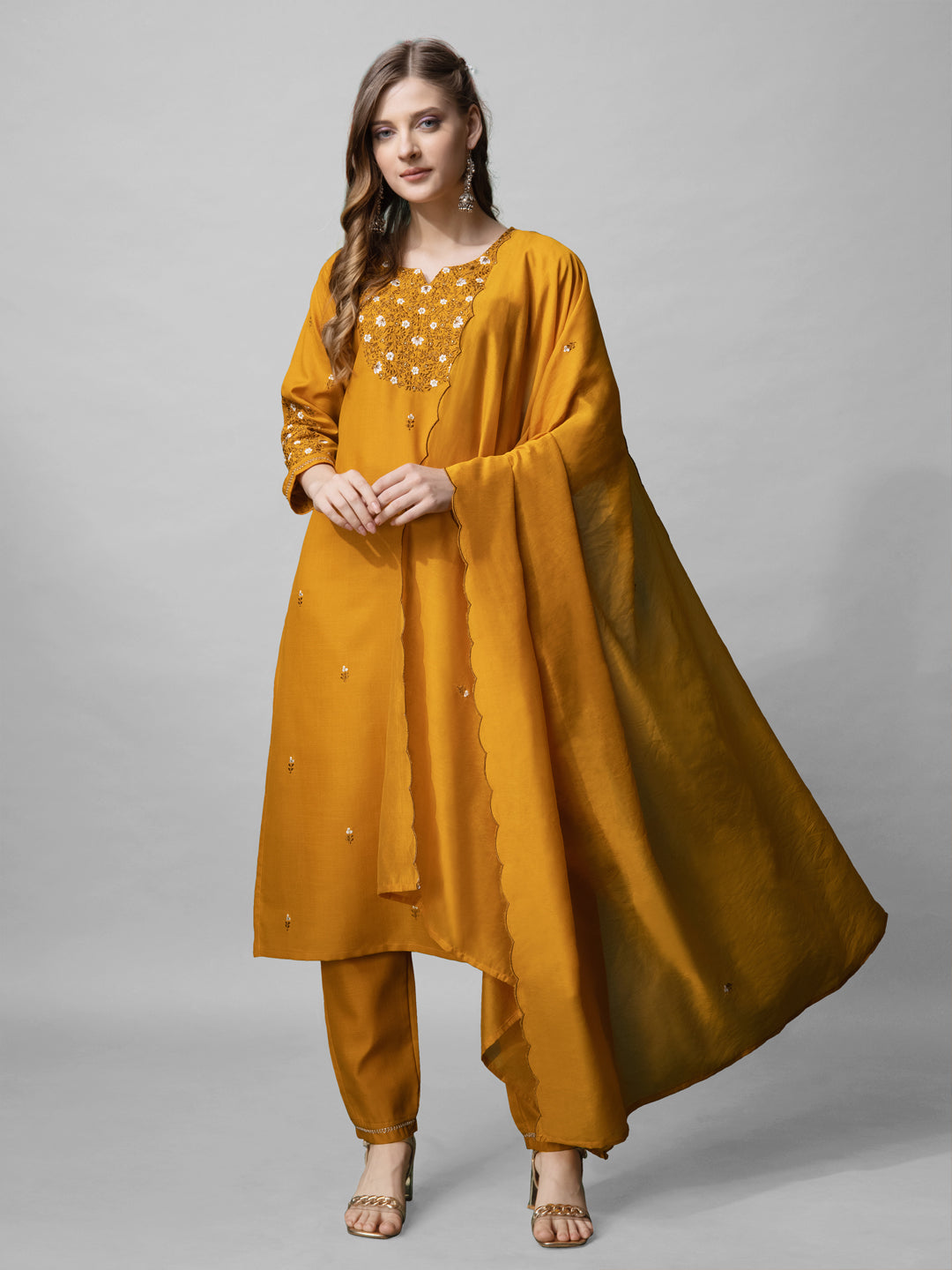 Jyoti Fashion Women's Mustard Cotton Blend Embroidered Kurta Set | Grocsy