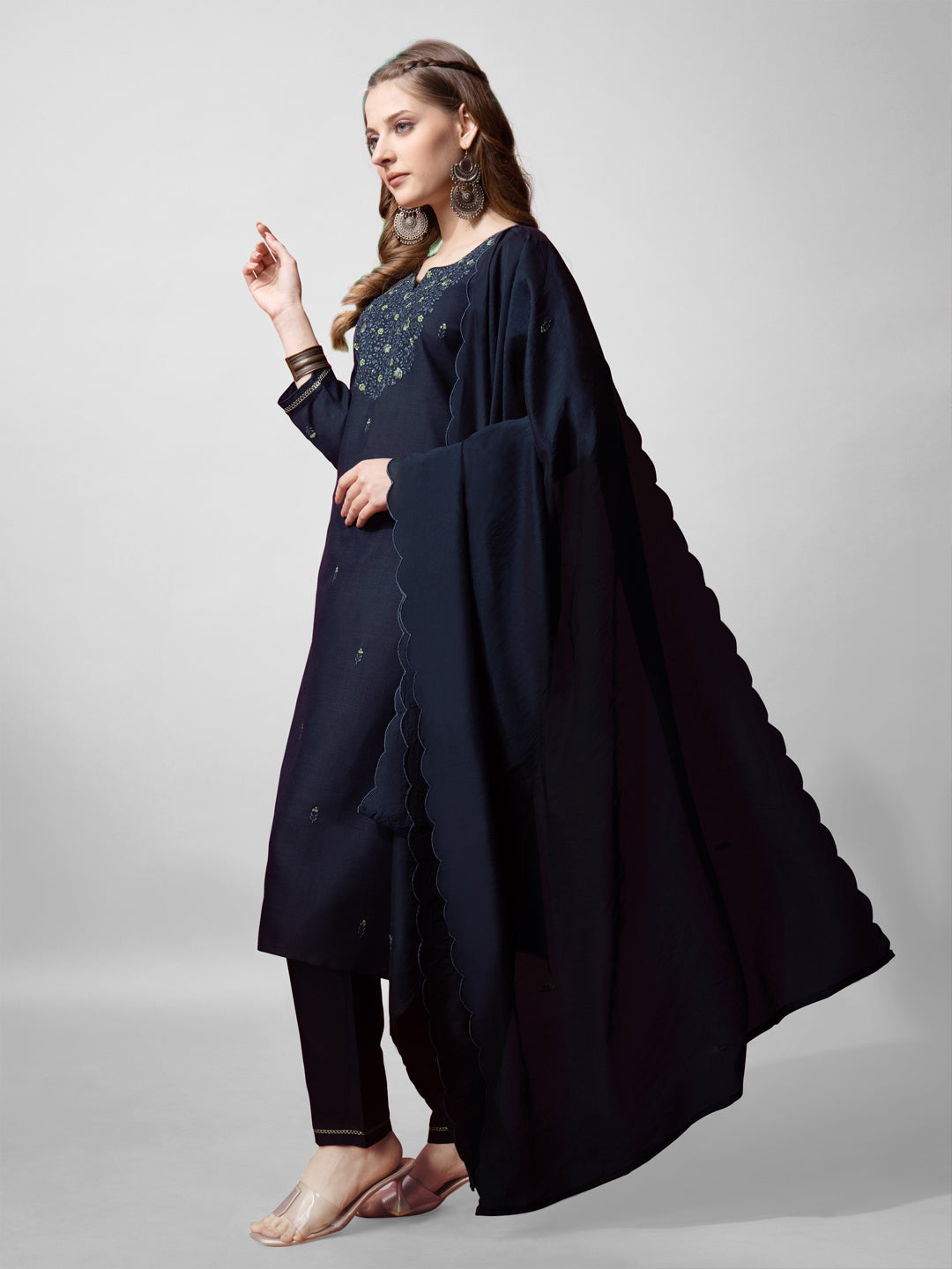 Jyoti Fashion Women's Navy Blue Cotton Blend Embroidered Kurta Set | Grocsy