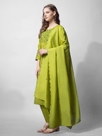 Jyoti Fashion Women's Parrot Green Cotton Blend Embroidered Kurta Set | Grocsy