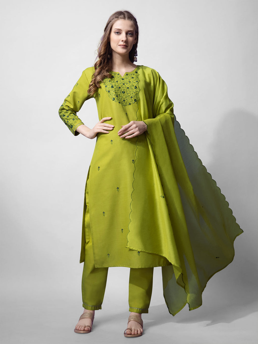 Jyoti Fashion Women's Parrot Green Cotton Blend Embroidered Kurta Set | Grocsy