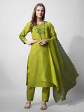 Jyoti Fashion Women's Parrot Green Cotton Blend Embroidered Kurta Set | Grocsy