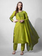 Jyoti Fashion Women's Parrot Green Cotton Blend Embroidered Kurta Set | Grocsy