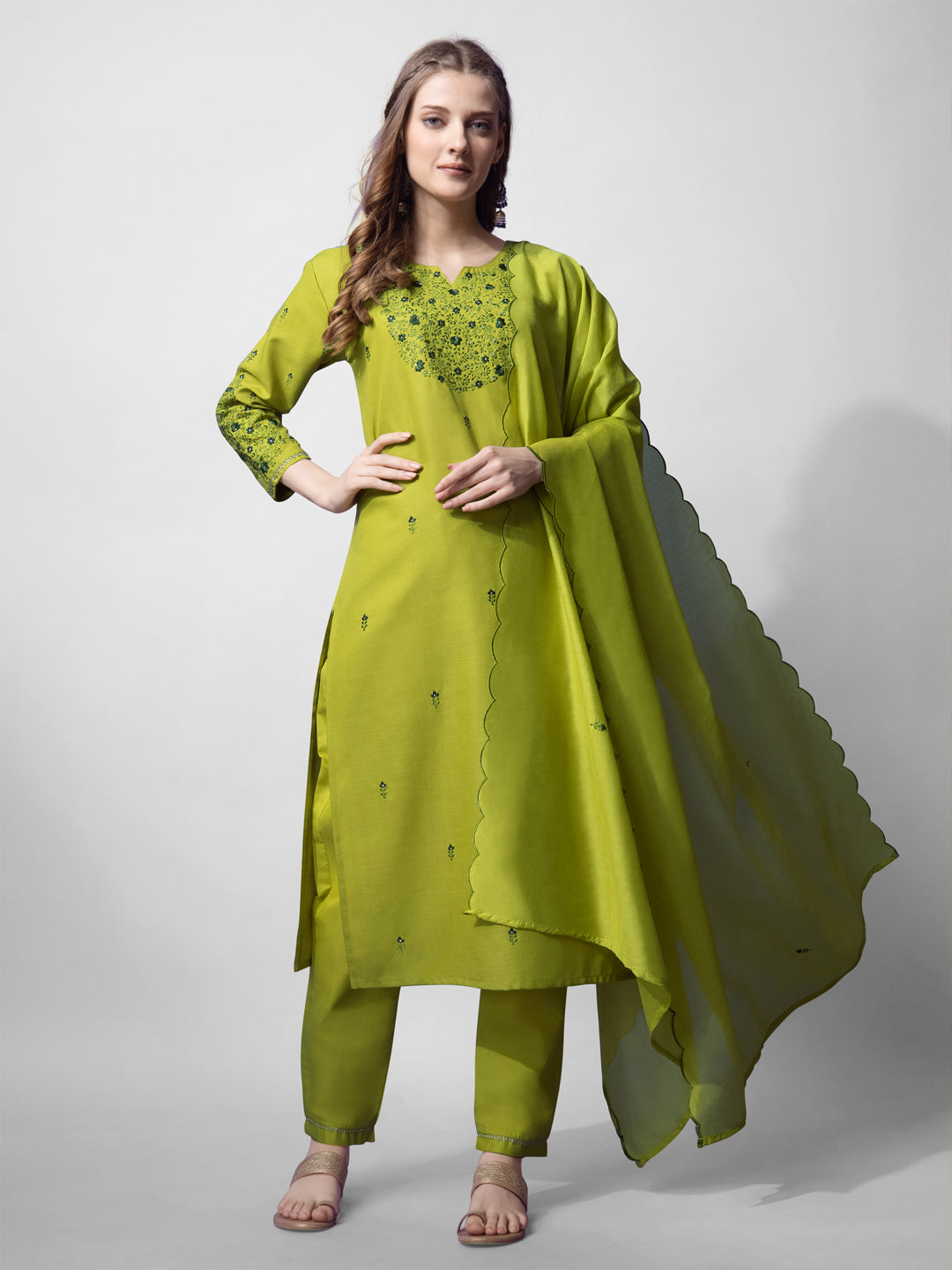 Jyoti Fashion Women's Parrot Green Cotton Blend Embroidered Kurta Set | Grocsy