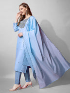 Jyoti Fashion Women's Sky Blue Cotton Blend Embroidered Kurta Set | Grocsy