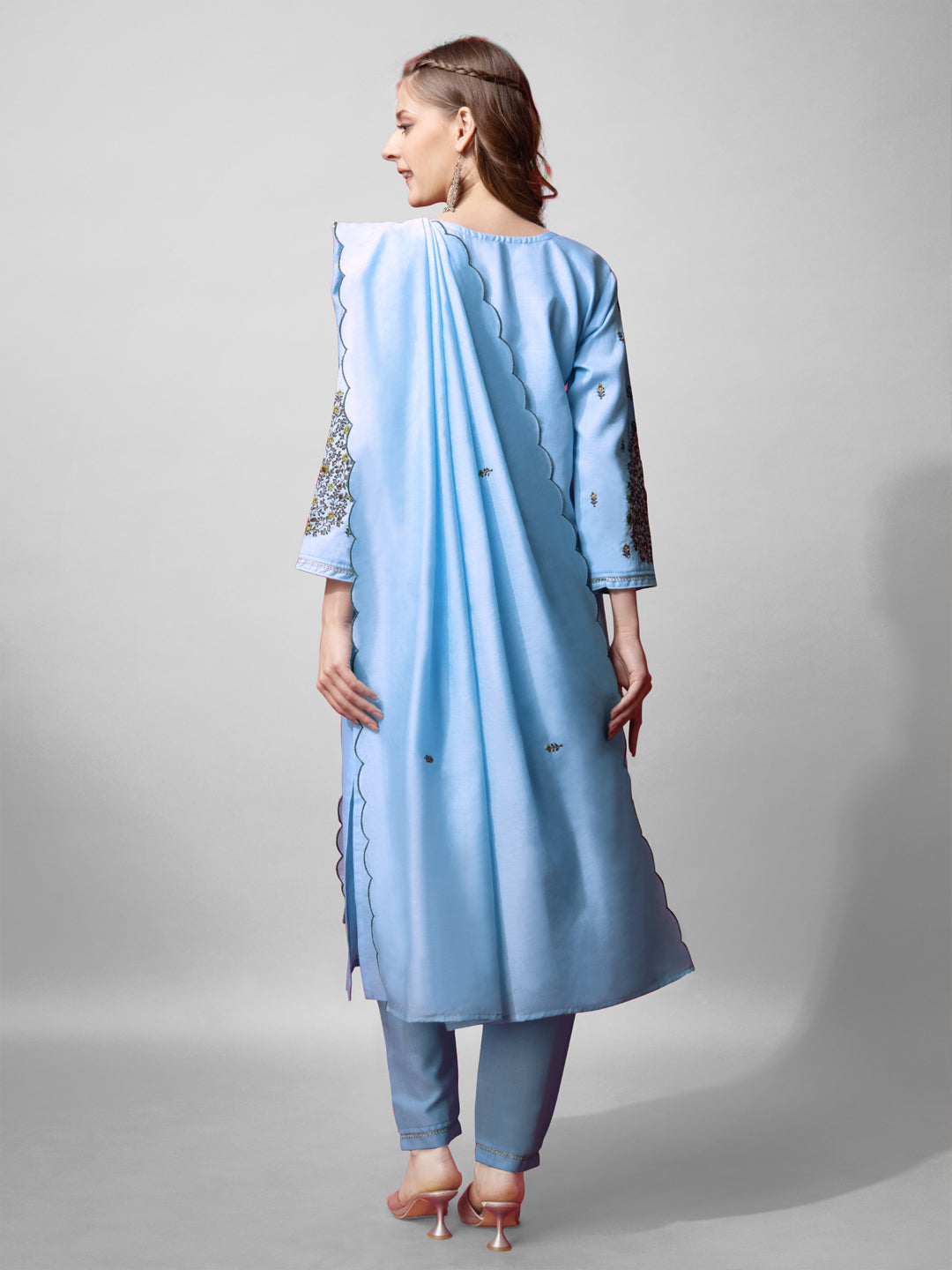 Jyoti Fashion Women's Sky Blue Cotton Blend Embroidered Kurta Set | Grocsy