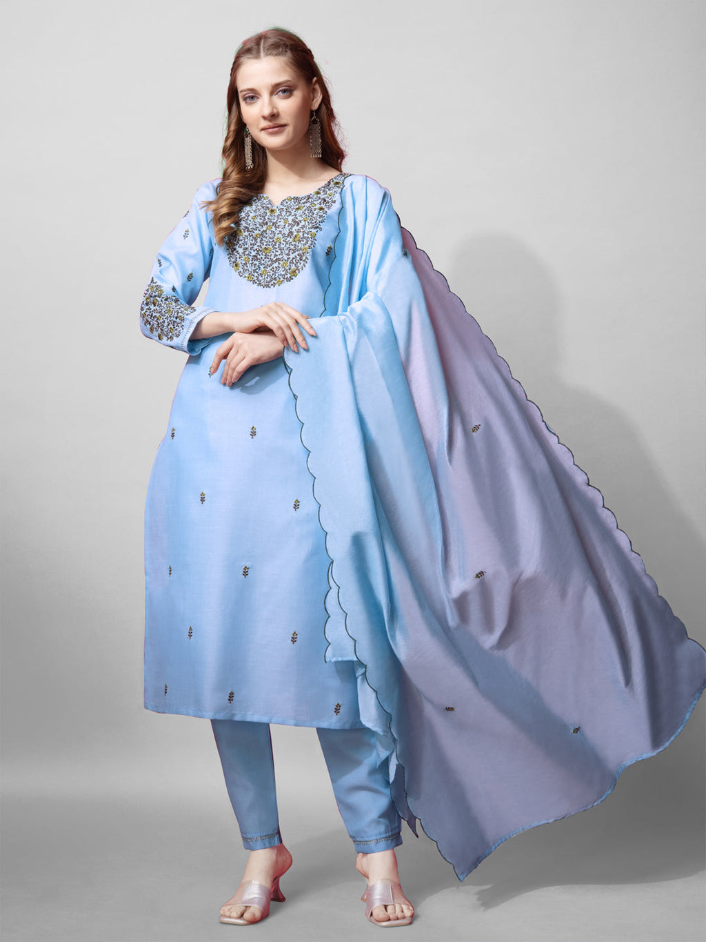 Jyoti Fashion Women's Sky Blue Cotton Blend Embroidered Kurta Set | Grocsy