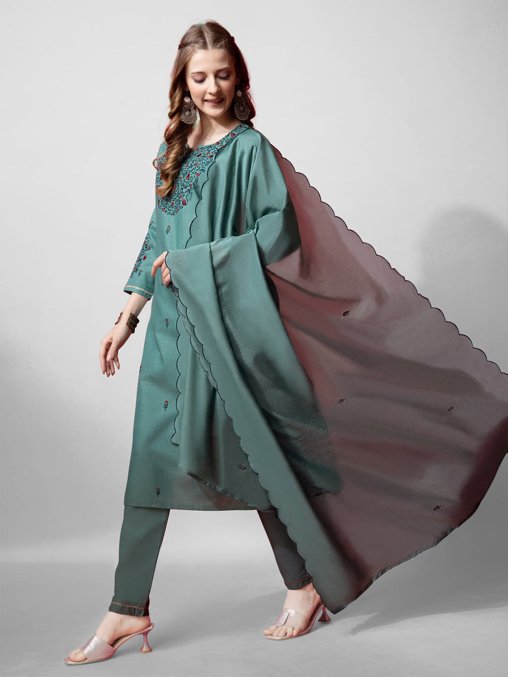 Jyoti Fashion Women's Teal Cotton Blend Embroidered Kurta Set | Grocsy
