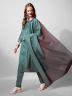 Jyoti Fashion Women's Teal Cotton Blend Embroidered Kurta Set | Grocsy