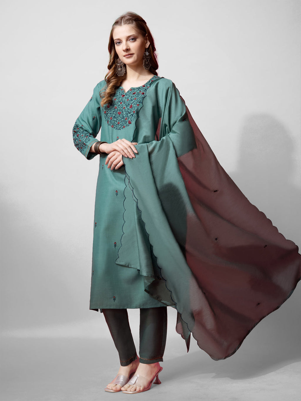 Jyoti Fashion Women's Teal Cotton Blend Embroidered Kurta Set | Grocsy
