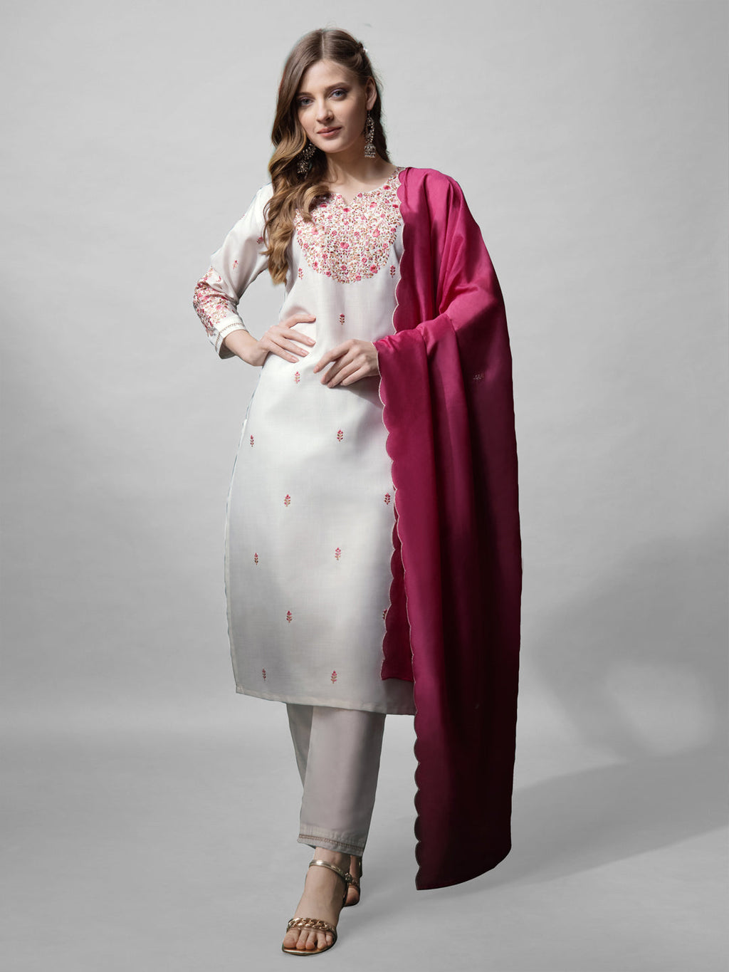 Jyoti Fashion Women's White Cotton Blend Embroidered Kurta Set | Grocsy