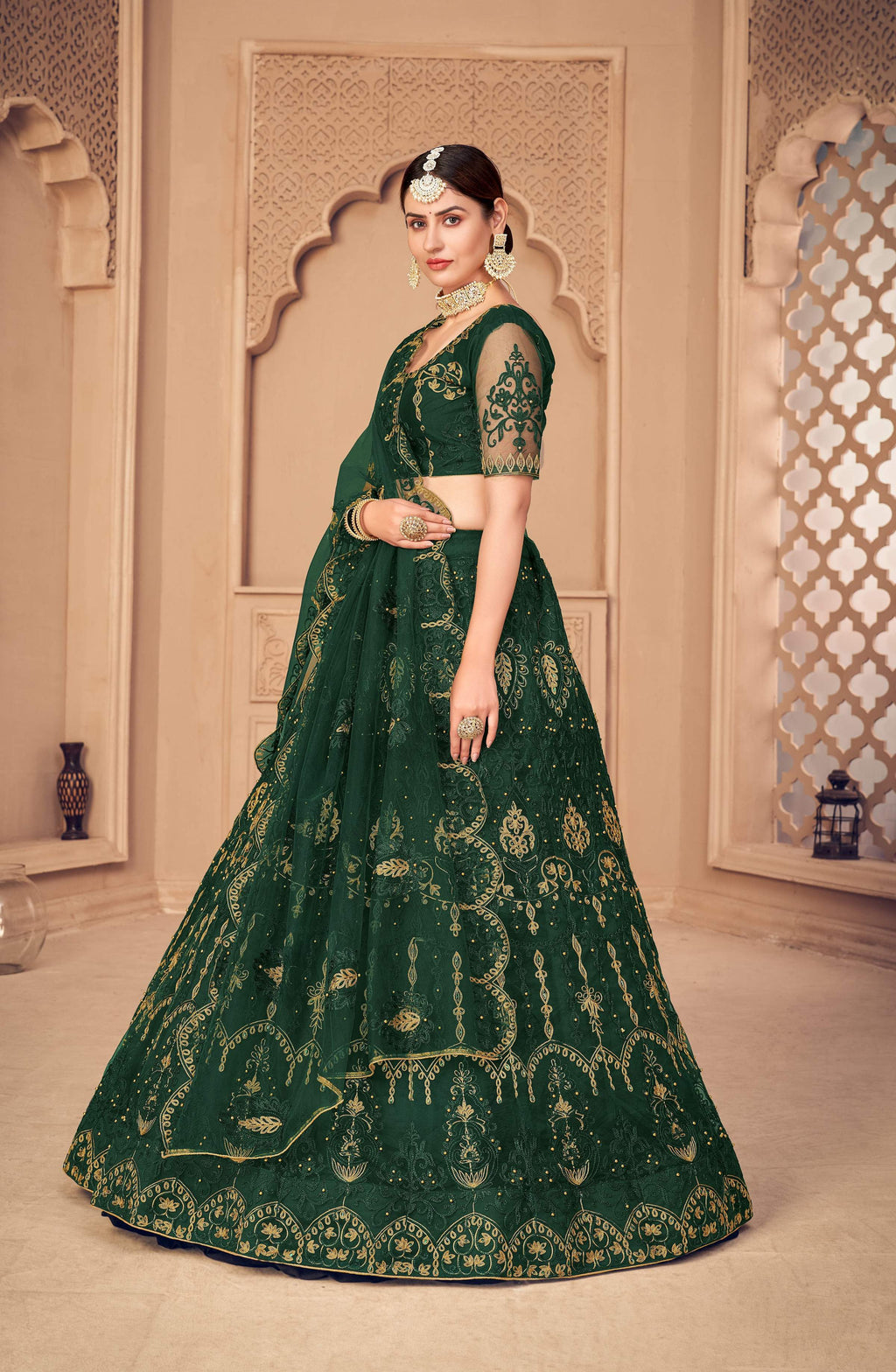 Jyoti Fashion Women's Dark Green Net Thread Embroidered Designer Lehenga Choli Set | Grocsy