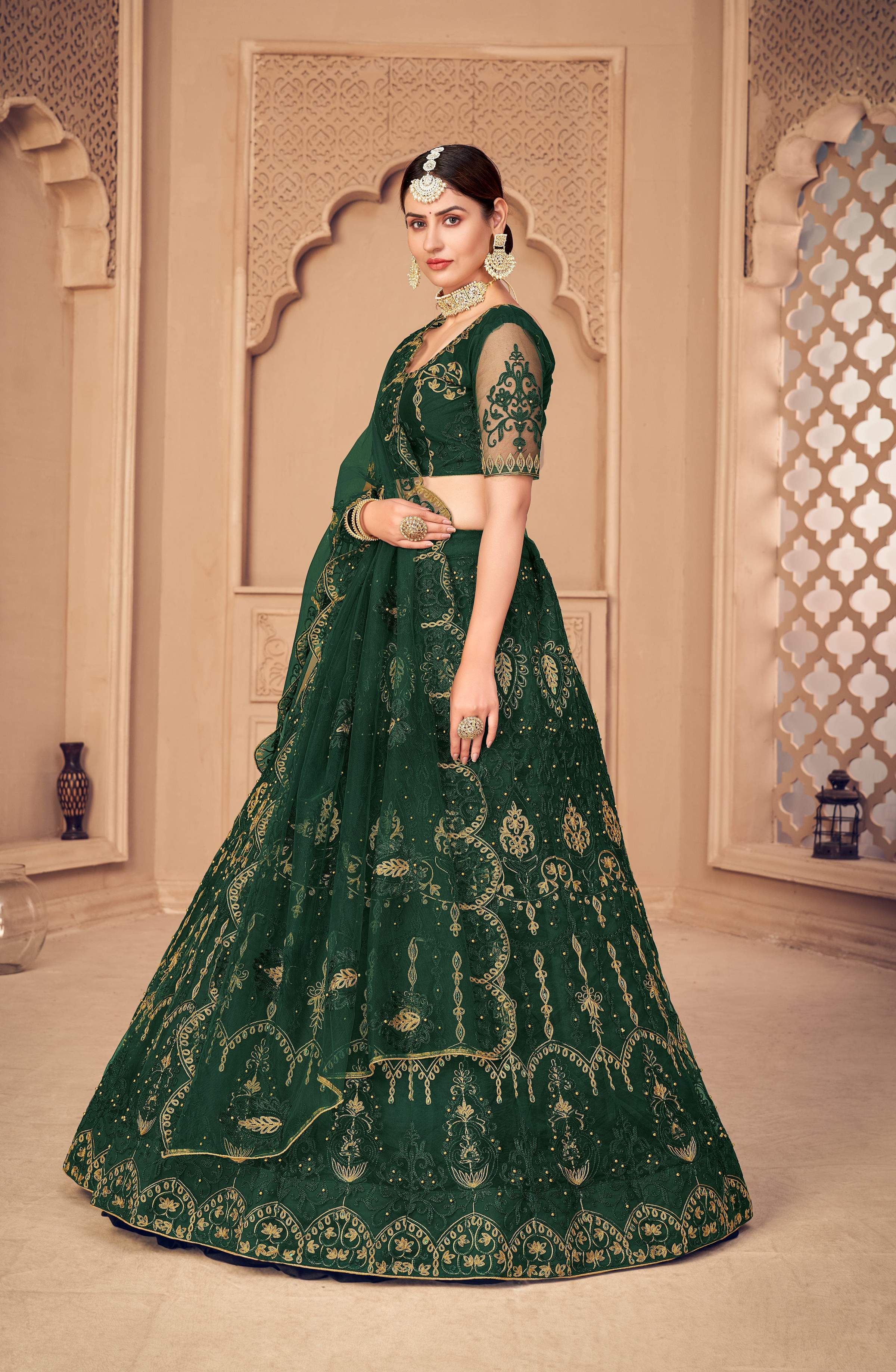 Jyoti Fashion Women's Dark Green Net Thread Embroidered Designer Lehenga Choli Set | Grocsy