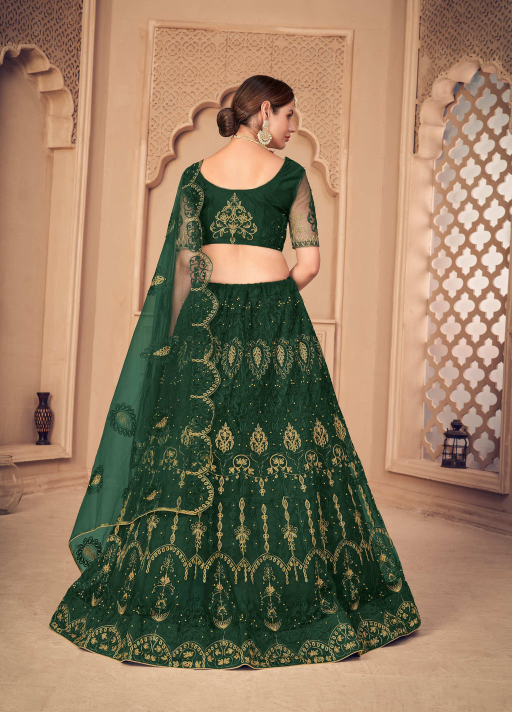 Jyoti Fashion Women's Dark Green Net Thread Embroidered Designer Lehenga Choli Set | Grocsy