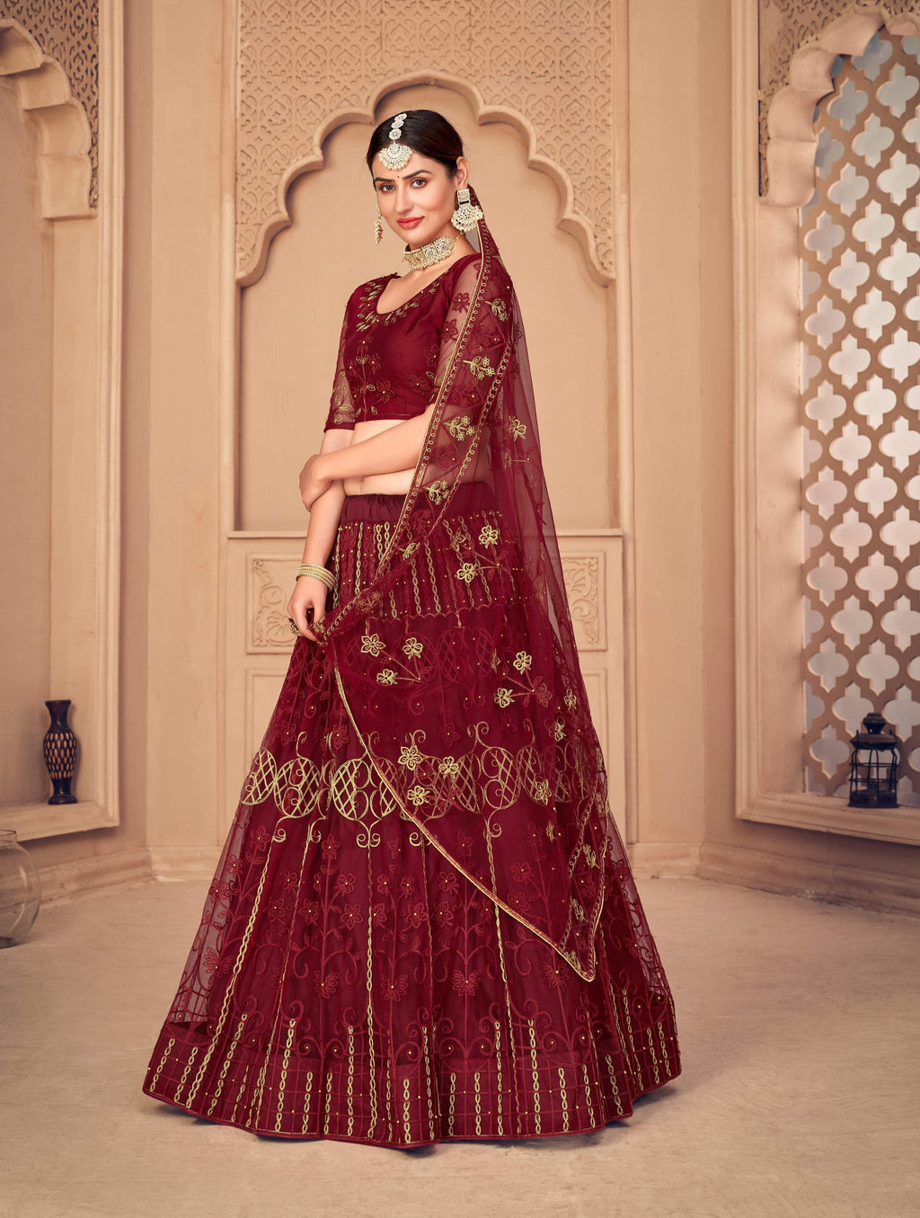 Jyoti Fashion Women's Maroon Net Thread Embroidered Designer Lehenga Choli Set | Grocsy