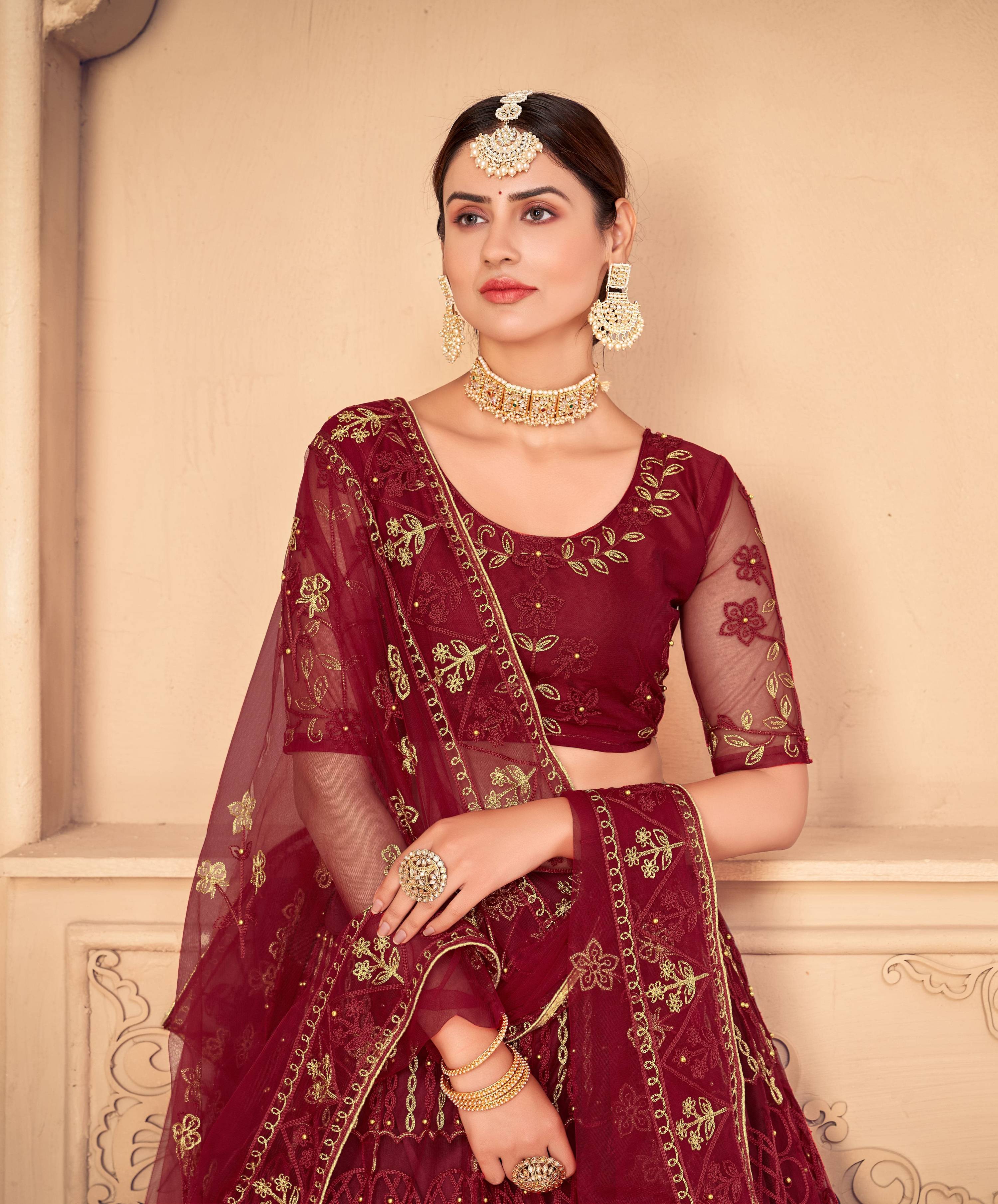 Jyoti Fashion Women's Maroon Net Thread Embroidered Designer Lehenga Choli Set | Grocsy