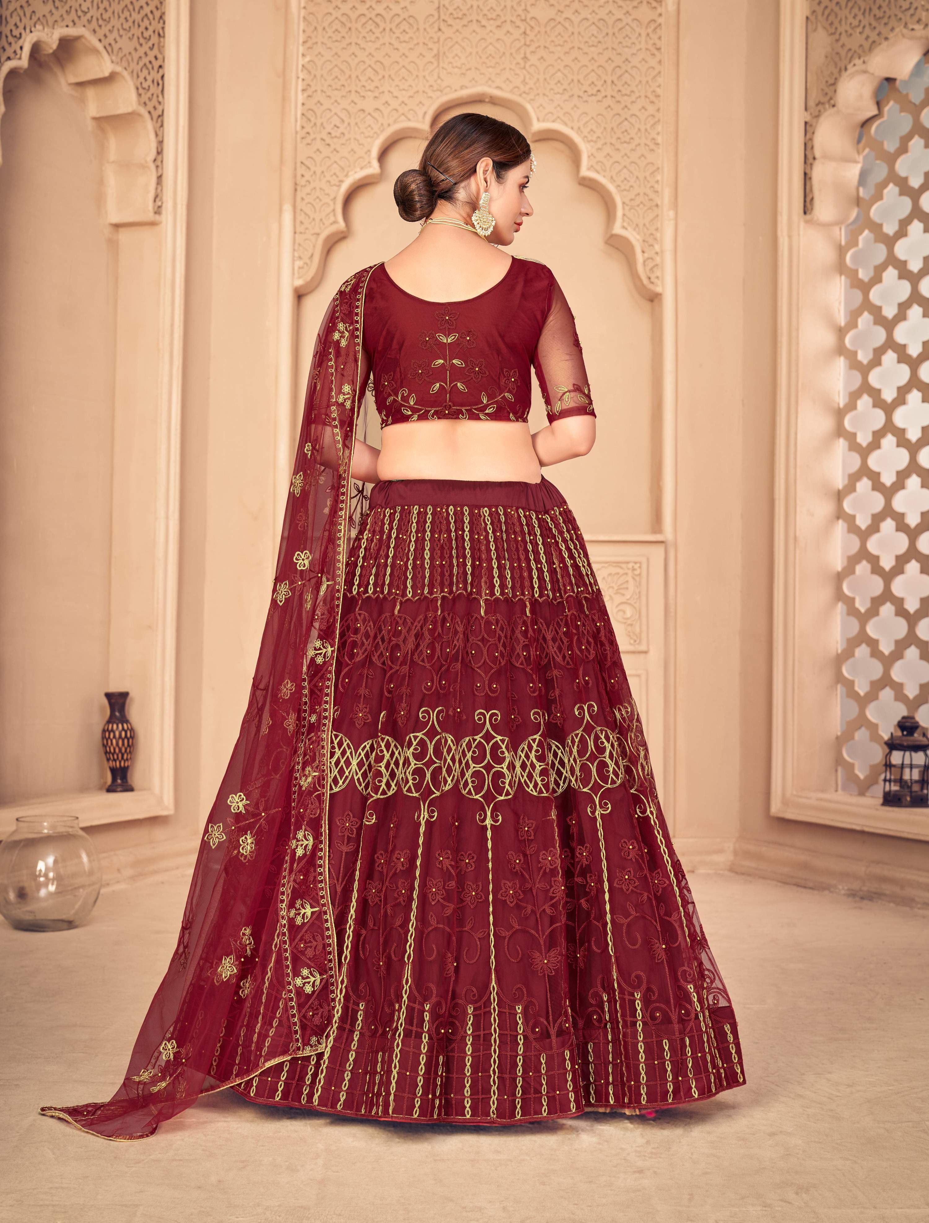 Jyoti Fashion Women's Maroon Net Thread Embroidered Designer Lehenga Choli Set | Grocsy