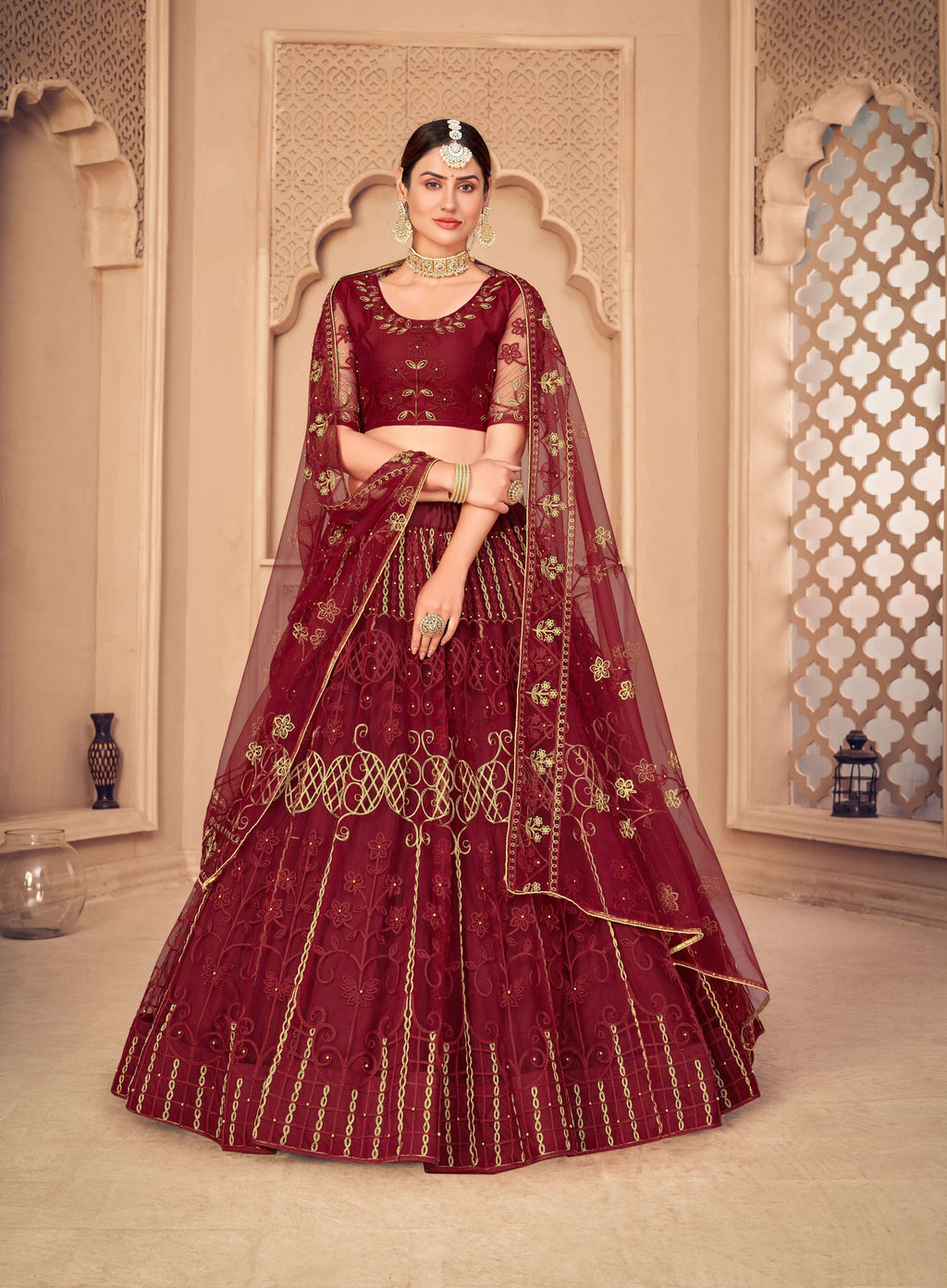 Jyoti Fashion Women's Maroon Net Thread Embroidered Designer Lehenga Choli Set | Grocsy