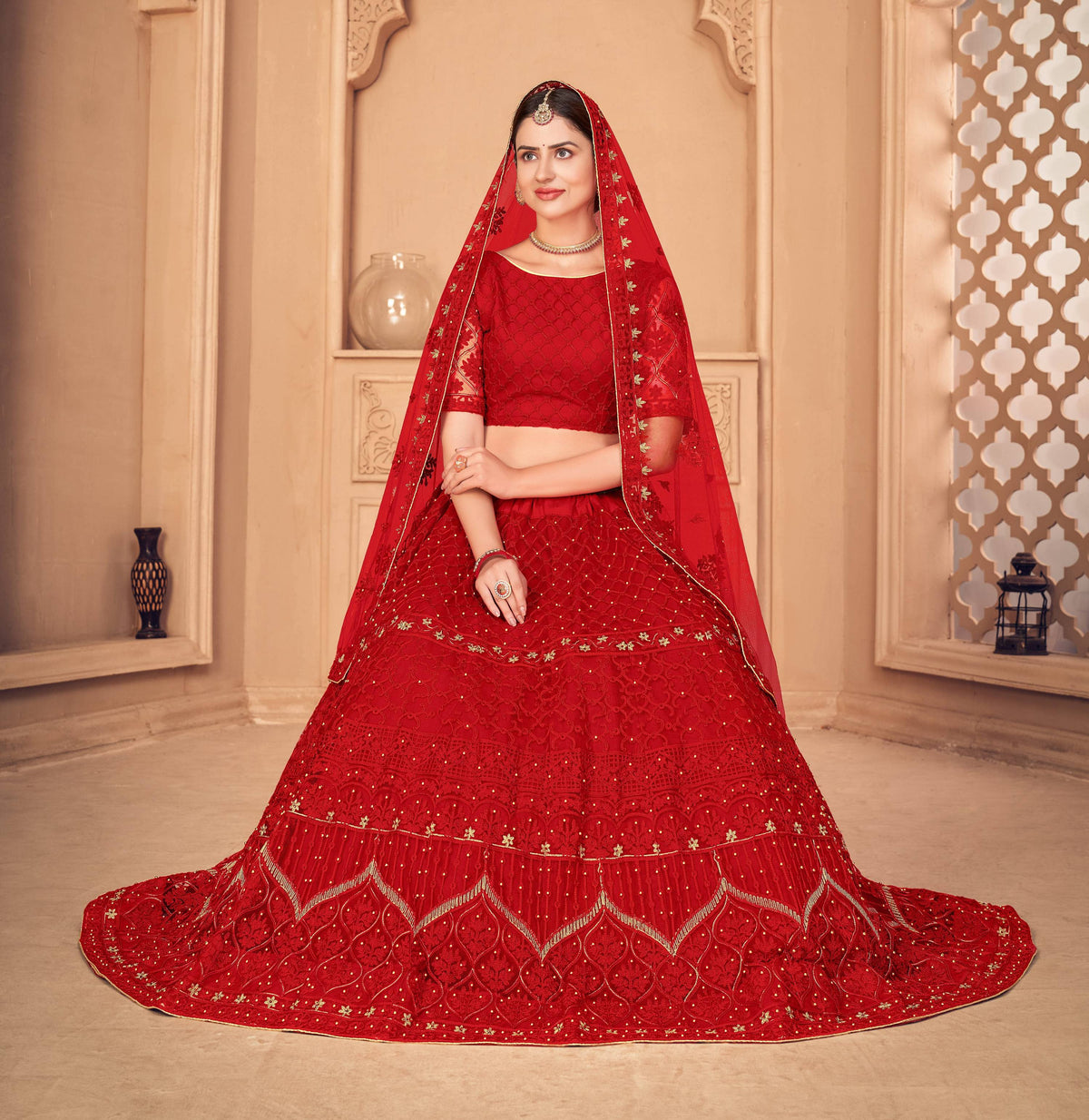 Jyoti Fashion Women's Red Net Thread Embroidered Designer Lehenga Choli Set | Grocsy