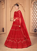 Jyoti Fashion Women's Red Net Thread Embroidered Designer Lehenga Choli Set | Grocsy