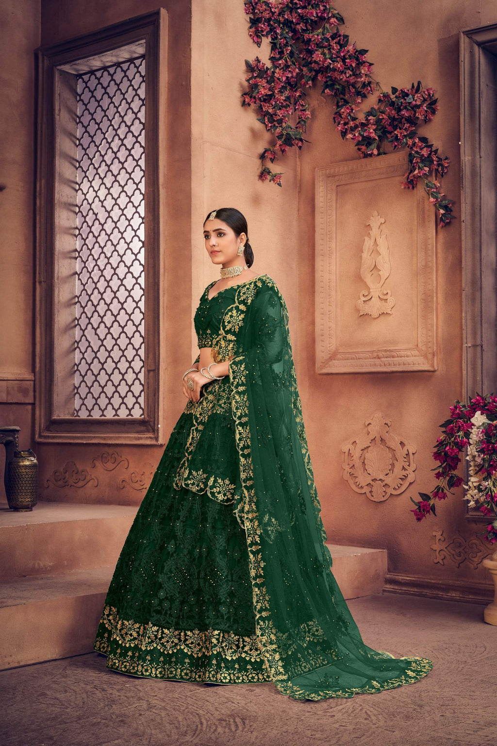 Jyoti Fashion Women's Dark Green Net Thread Embroidered Designer Lehenga Choli Set | Grocsy