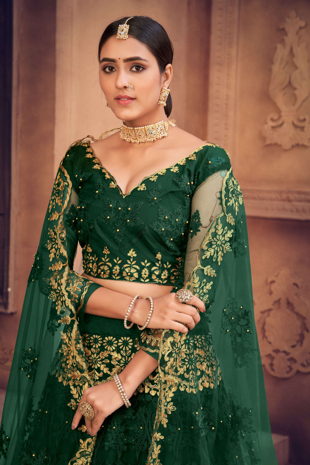 Jyoti Fashion Women's Dark Green Net Thread Embroidered Designer Lehenga Choli Set | Grocsy