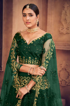 Jyoti Fashion Women's Dark Green Net Thread Embroidered Designer Lehenga Choli Set | Grocsy