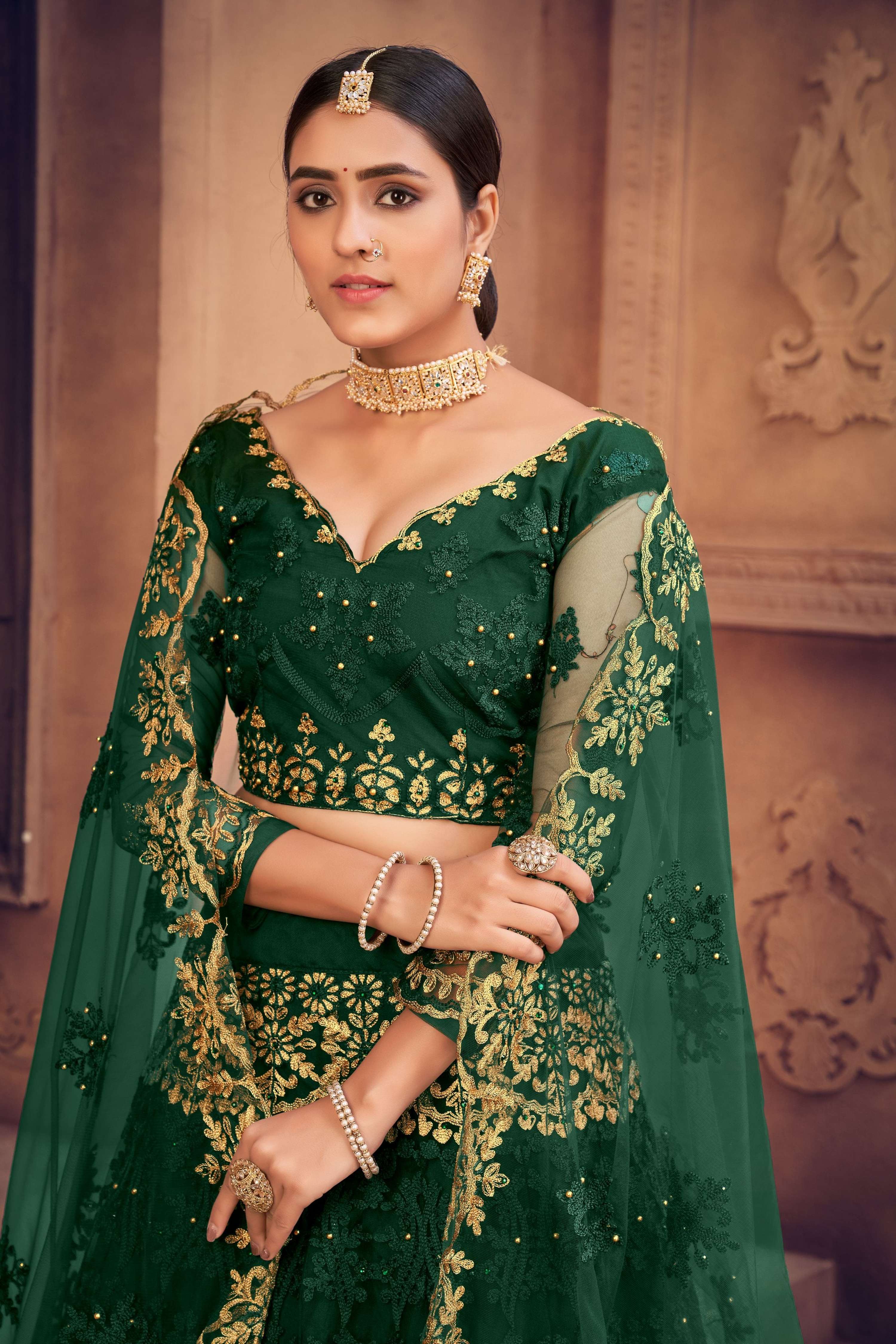 Jyoti Fashion Women's Dark Green Net Thread Embroidered Designer Lehenga Choli Set | Grocsy