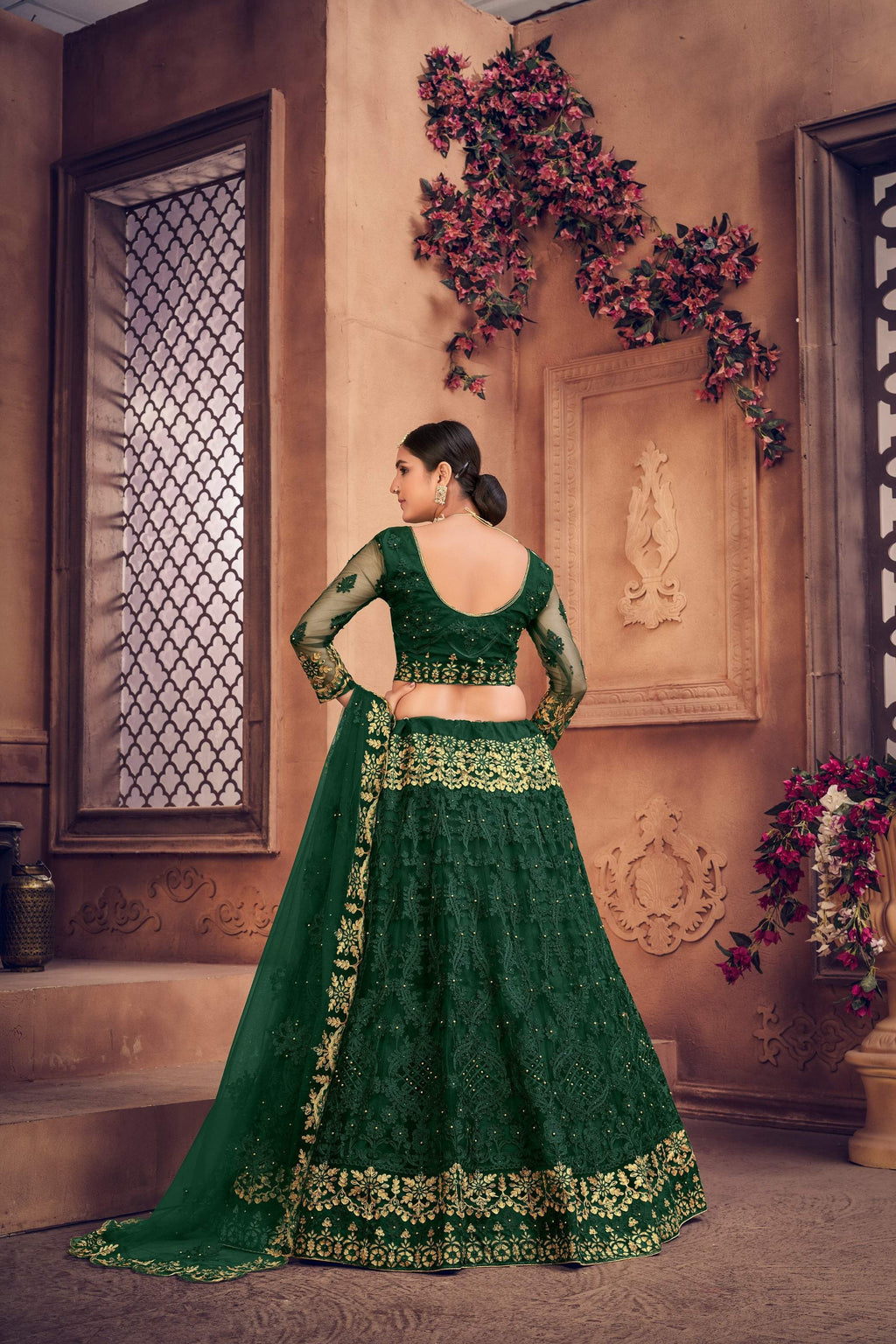 Jyoti Fashion Women's Dark Green Net Thread Embroidered Designer Lehenga Choli Set | Grocsy