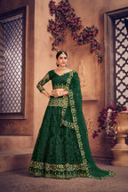 Jyoti Fashion Women's Dark Green Net Thread Embroidered Designer Lehenga Choli Set | Grocsy