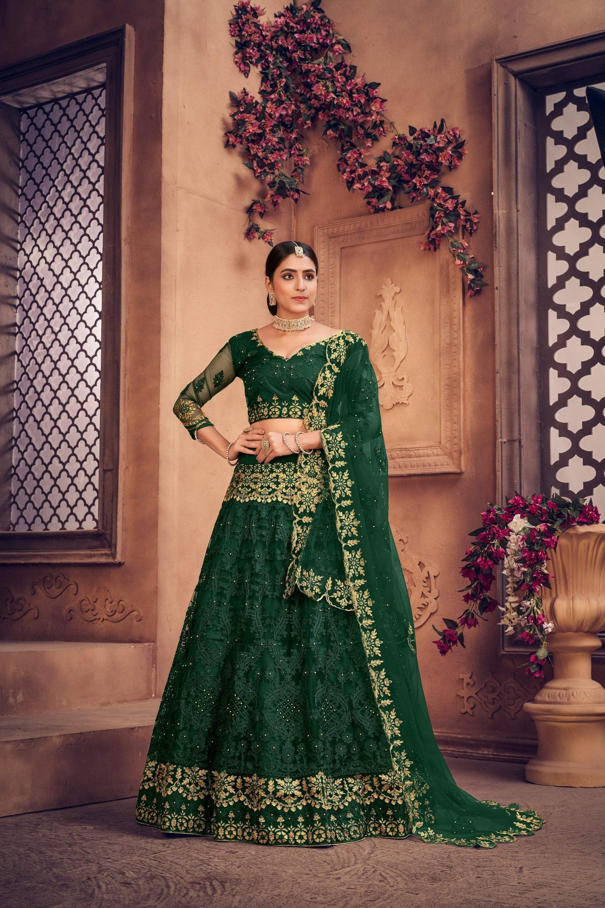 Jyoti Fashion Women's Dark Green Net Thread Embroidered Designer Lehenga Choli Set | Grocsy