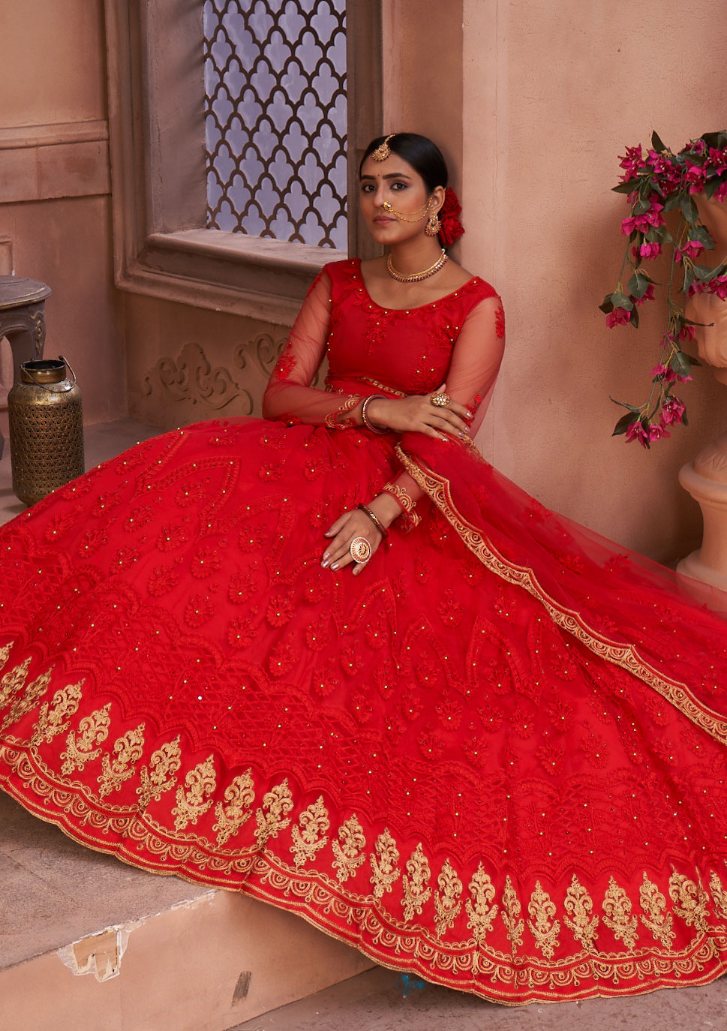 Jyoti Fashion Women's Red Net Thread Embroidered Designer Lehenga Choli Set | Grocsy
