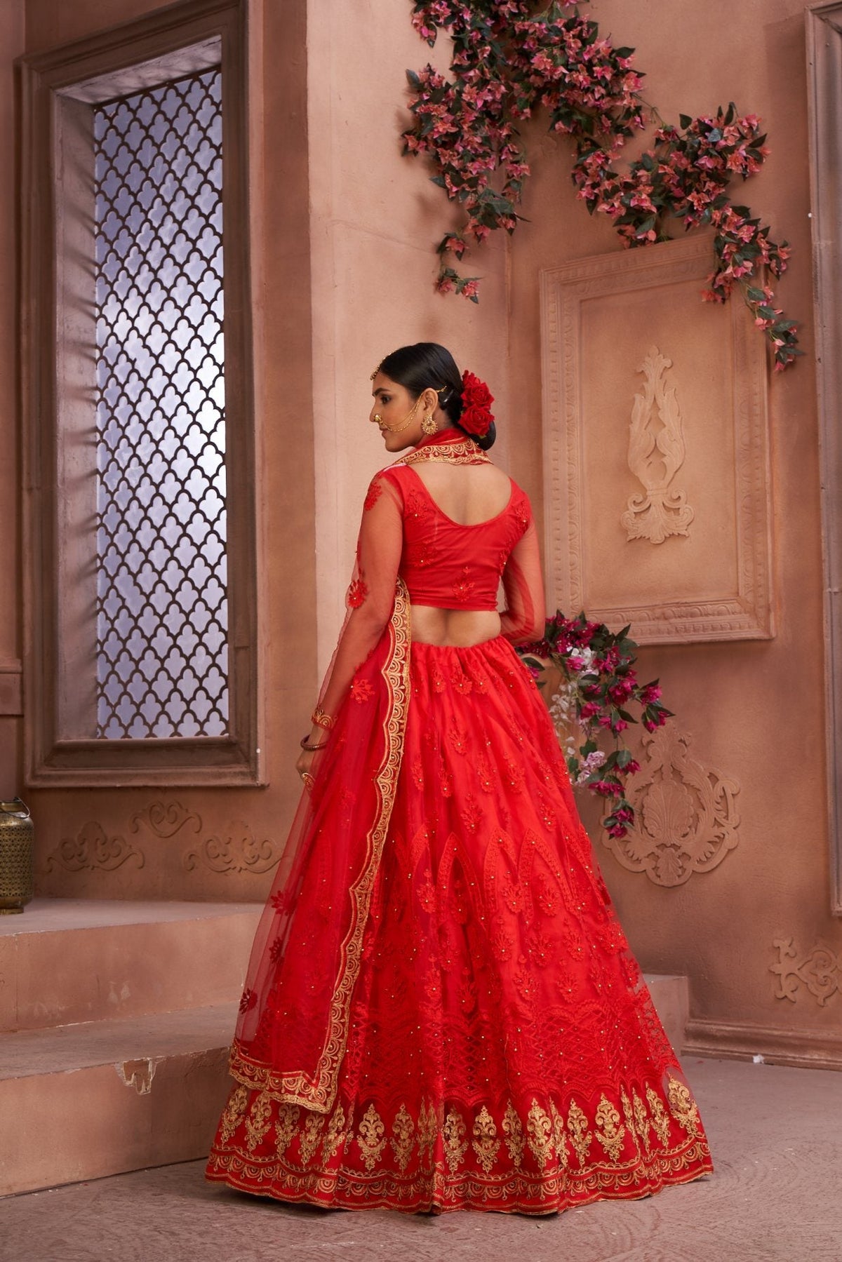 Jyoti Fashion Women's Red Net Thread Embroidered Designer Lehenga Choli Set | Grocsy