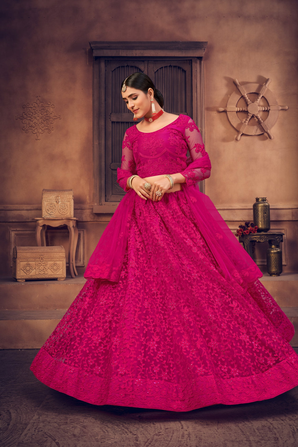 Jyoti Fashion Women's Rani Pink Net Thread Embroidered Designer Lehenga Choli Set | Grocsy