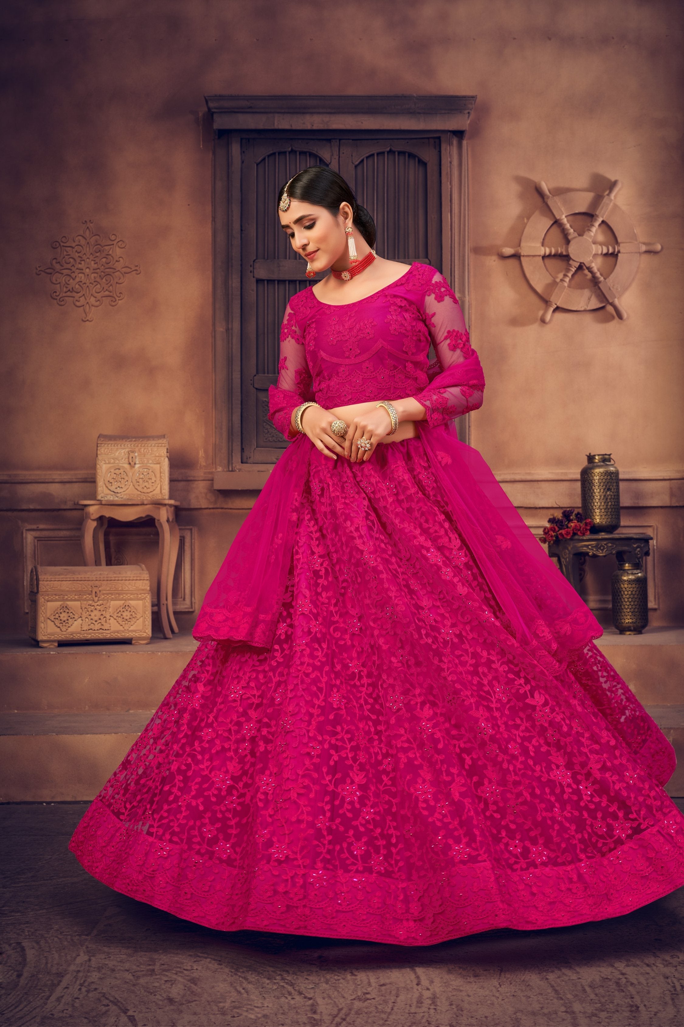 Jyoti Fashion Women's Rani Pink Net Thread Embroidered Designer Lehenga Choli Set | Grocsy