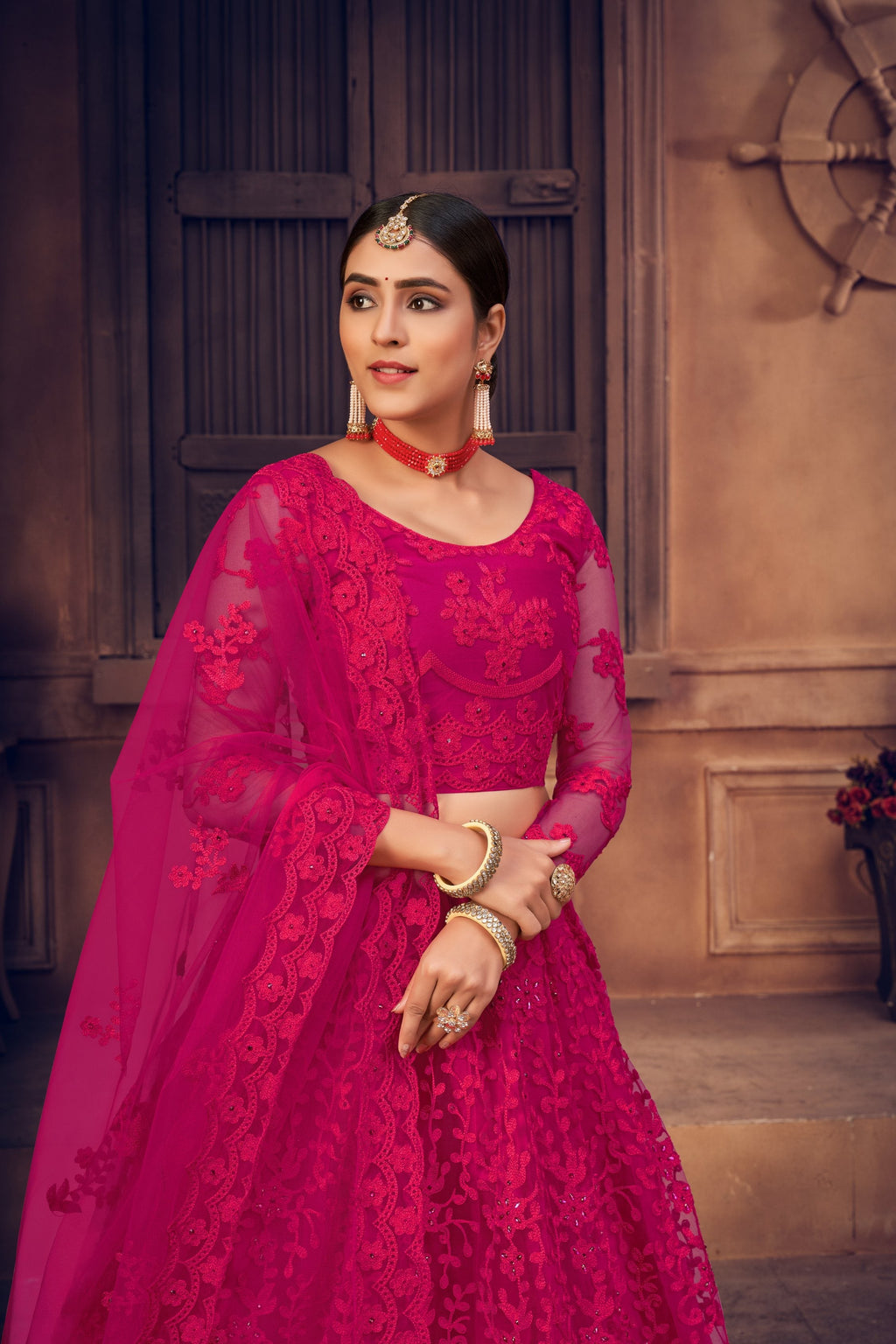 Jyoti Fashion Women's Rani Pink Net Thread Embroidered Designer Lehenga Choli Set | Grocsy