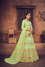 Jyoti Fashion Women's Pista Green Taffeta Silk Thread Embroidered Designer Lehenga Choli Set | Grocsy