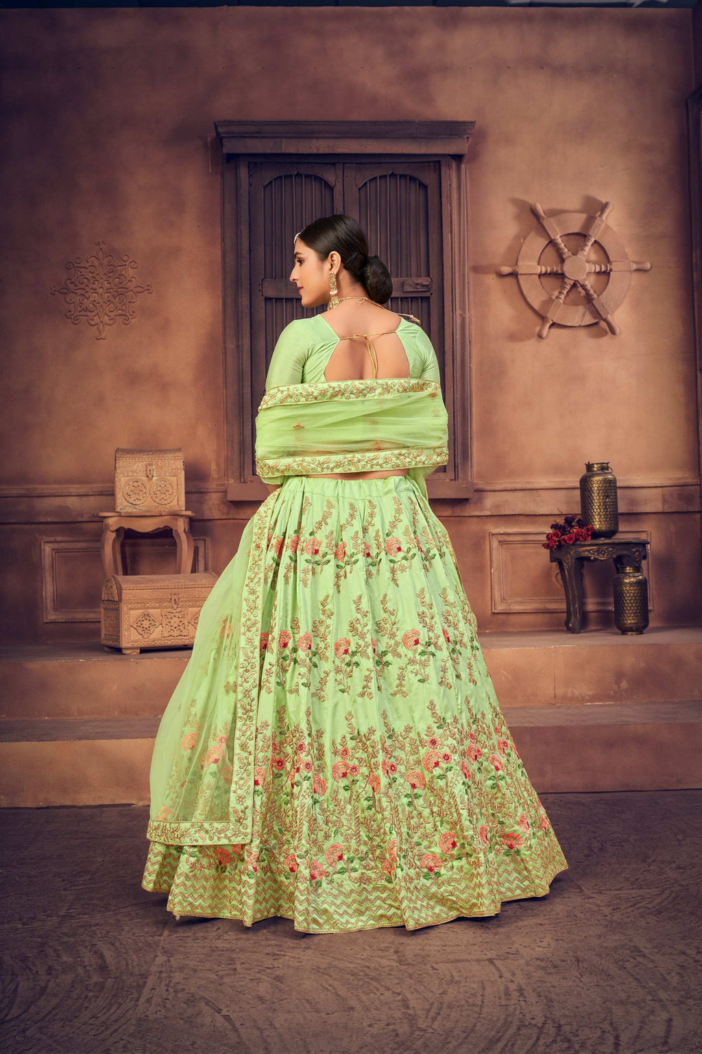 Jyoti Fashion Women's Pista Green Taffeta Silk Thread Embroidered Designer Lehenga Choli Set | Grocsy