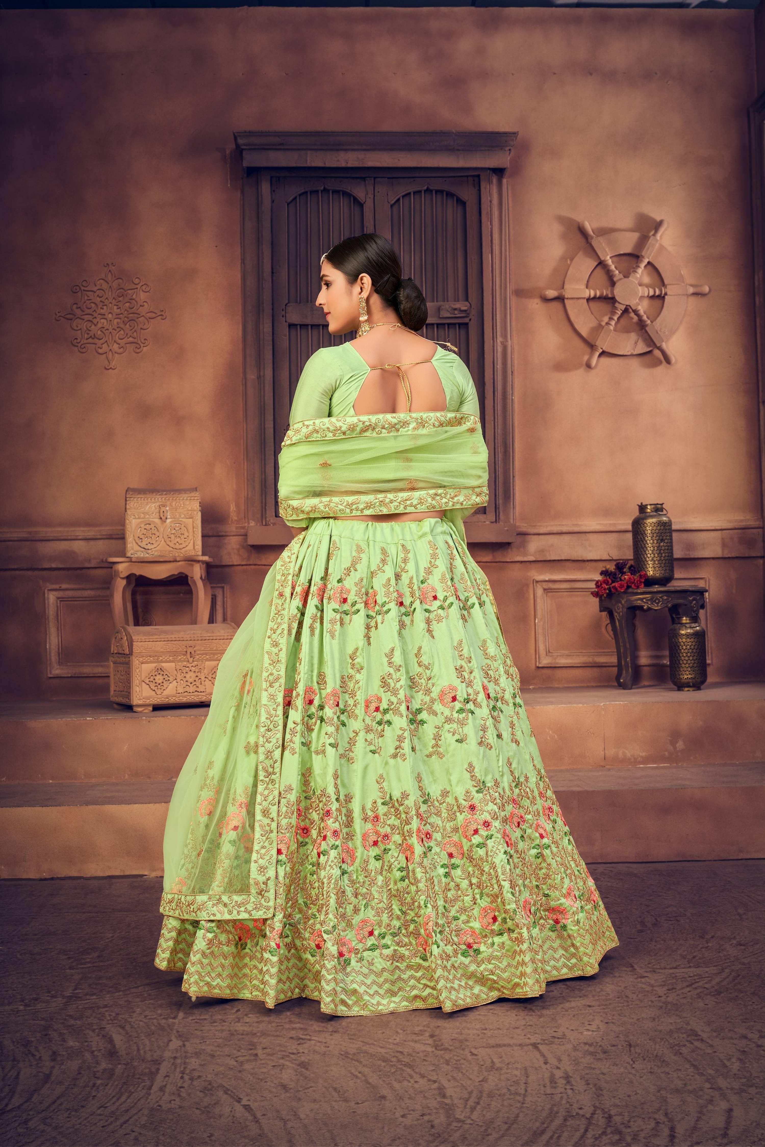 Jyoti Fashion Women's Pista Green Taffeta Silk Thread Embroidered Designer Lehenga Choli Set | Grocsy