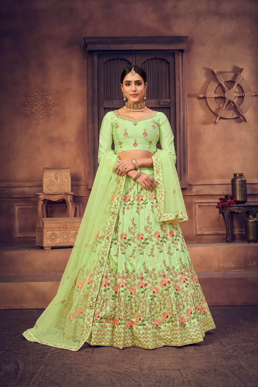Jyoti Fashion Women's Pista Green Taffeta Silk Thread Embroidered Designer Lehenga Choli Set | Grocsy