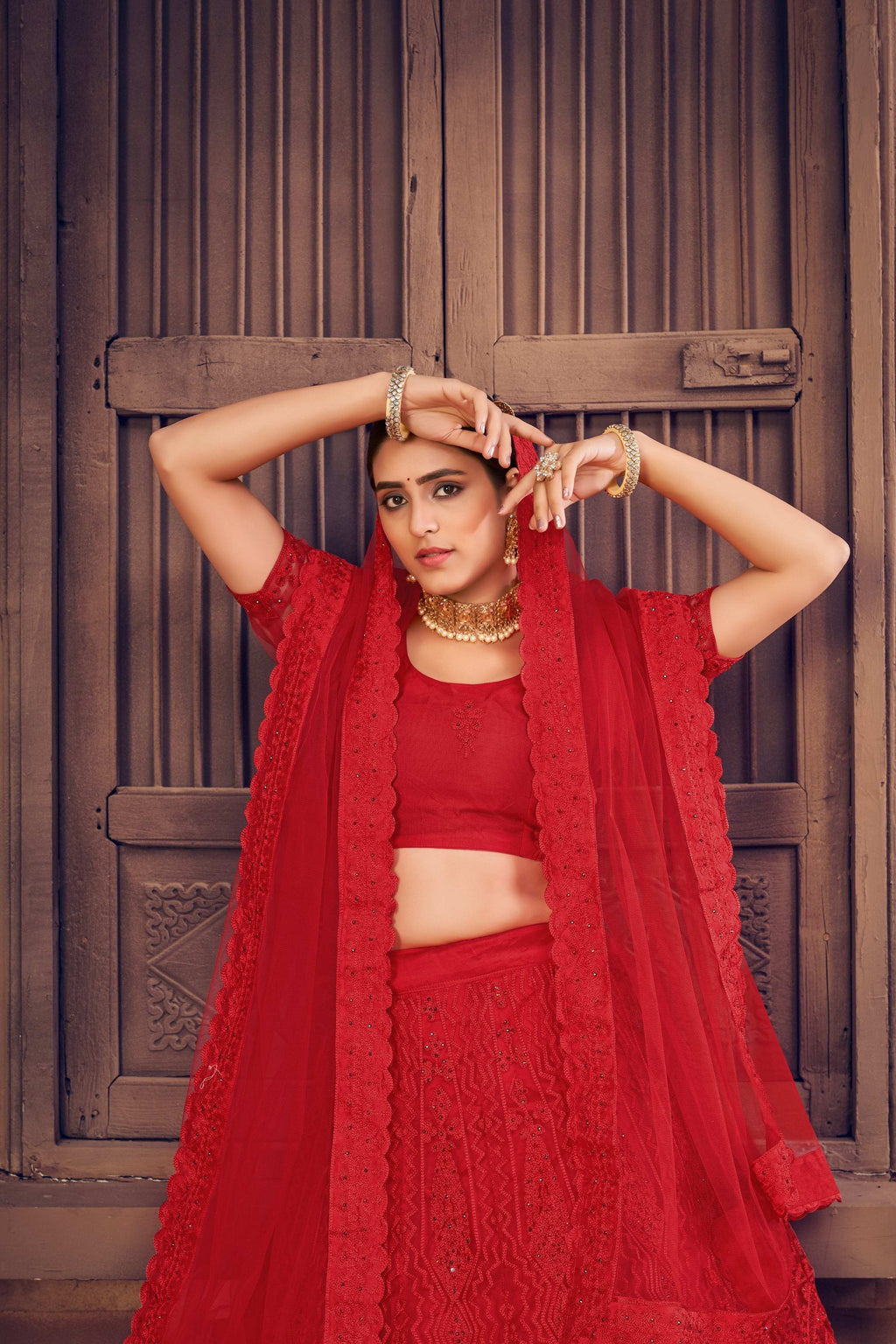 Jyoti Fashion Women's Red Net Thread Embroidered Designer Lehenga Choli Set | Grocsy