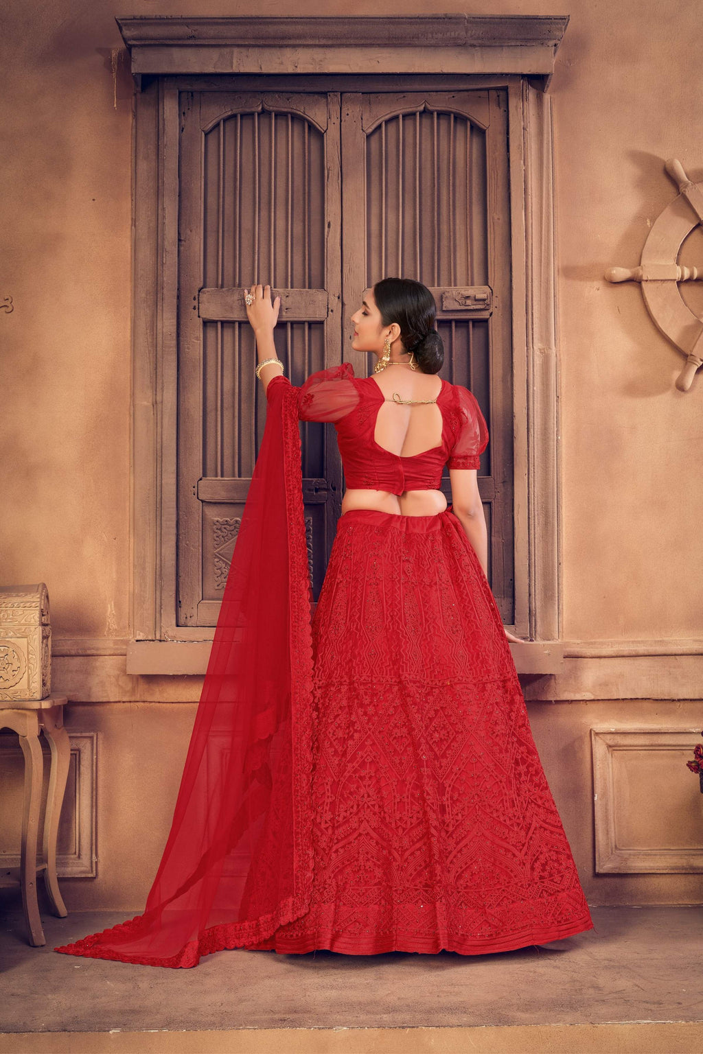 Jyoti Fashion Women's Red Net Thread Embroidered Designer Lehenga Choli Set | Grocsy