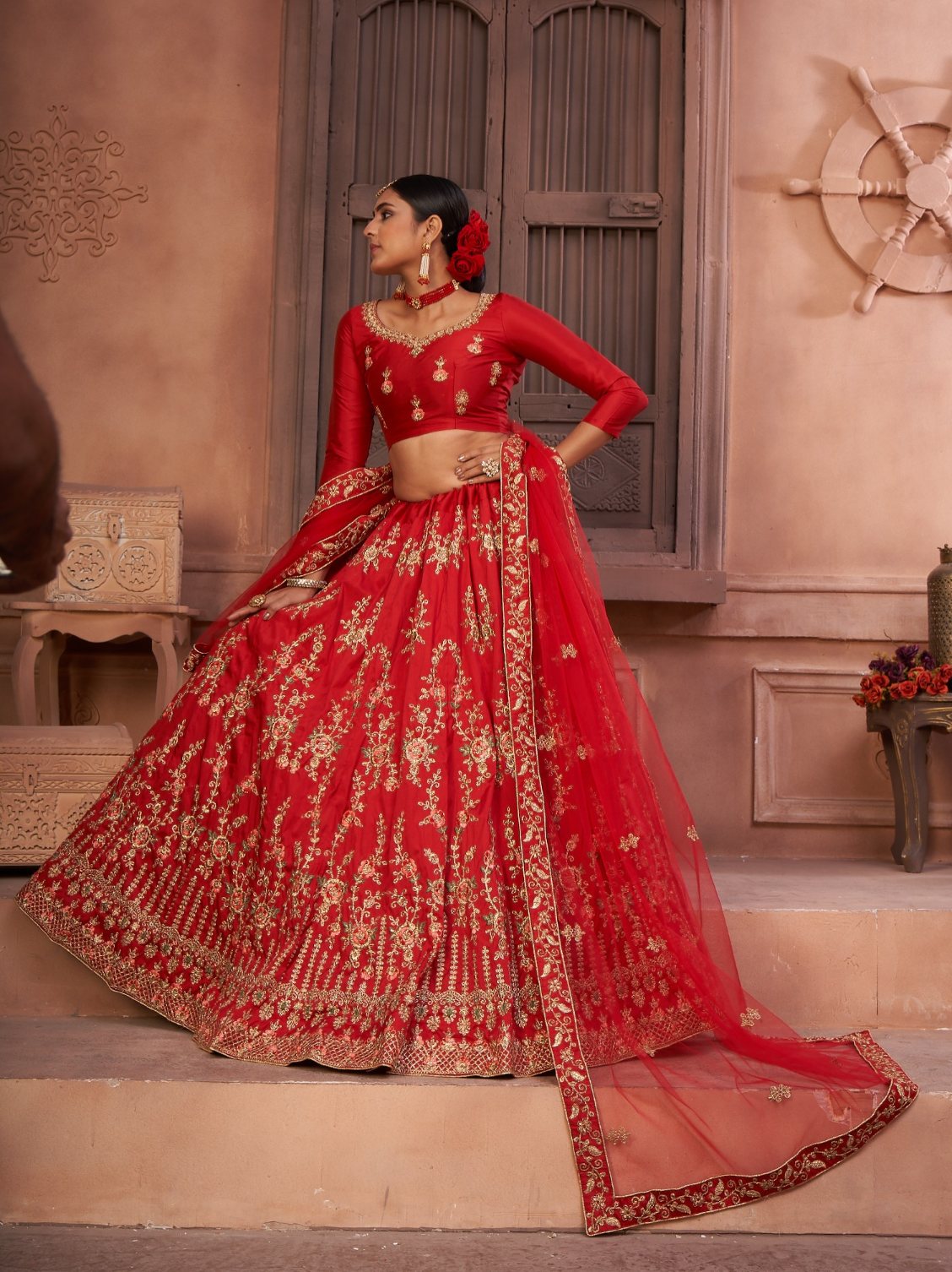 Jyoti Fashion Women's Red Taffeta Silk Thread Embroidered Designer Lehenga Choli Set | Grocsy