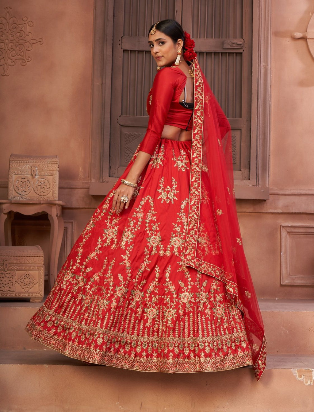Jyoti Fashion Women's Red Taffeta Silk Thread Embroidered Designer Lehenga Choli Set | Grocsy