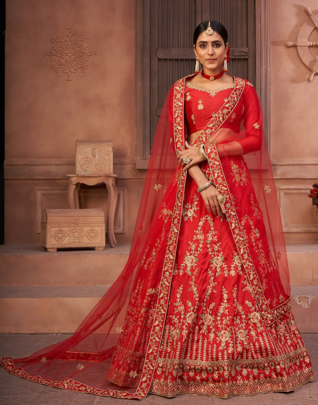 Jyoti Fashion Women's Red Taffeta Silk Thread Embroidered Designer Lehenga Choli Set | Grocsy