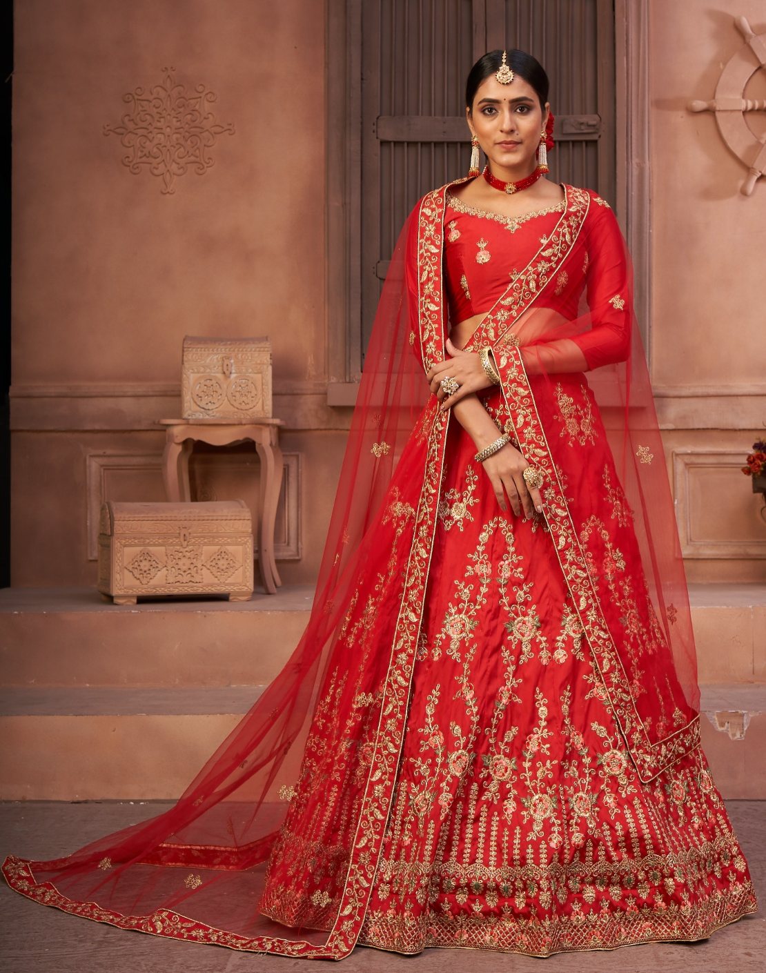Jyoti Fashion Women's Red Taffeta Silk Thread Embroidered Designer Lehenga Choli Set | Grocsy