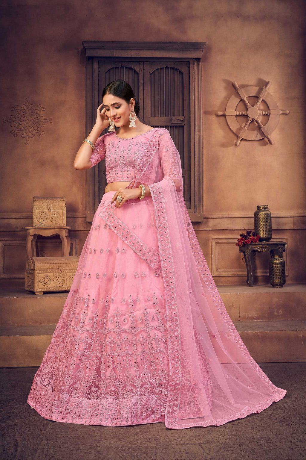 Jyoti Fashion Women's Baby Pink Net Thread Embroidered Designer Lehenga Choli Set | Grocsy