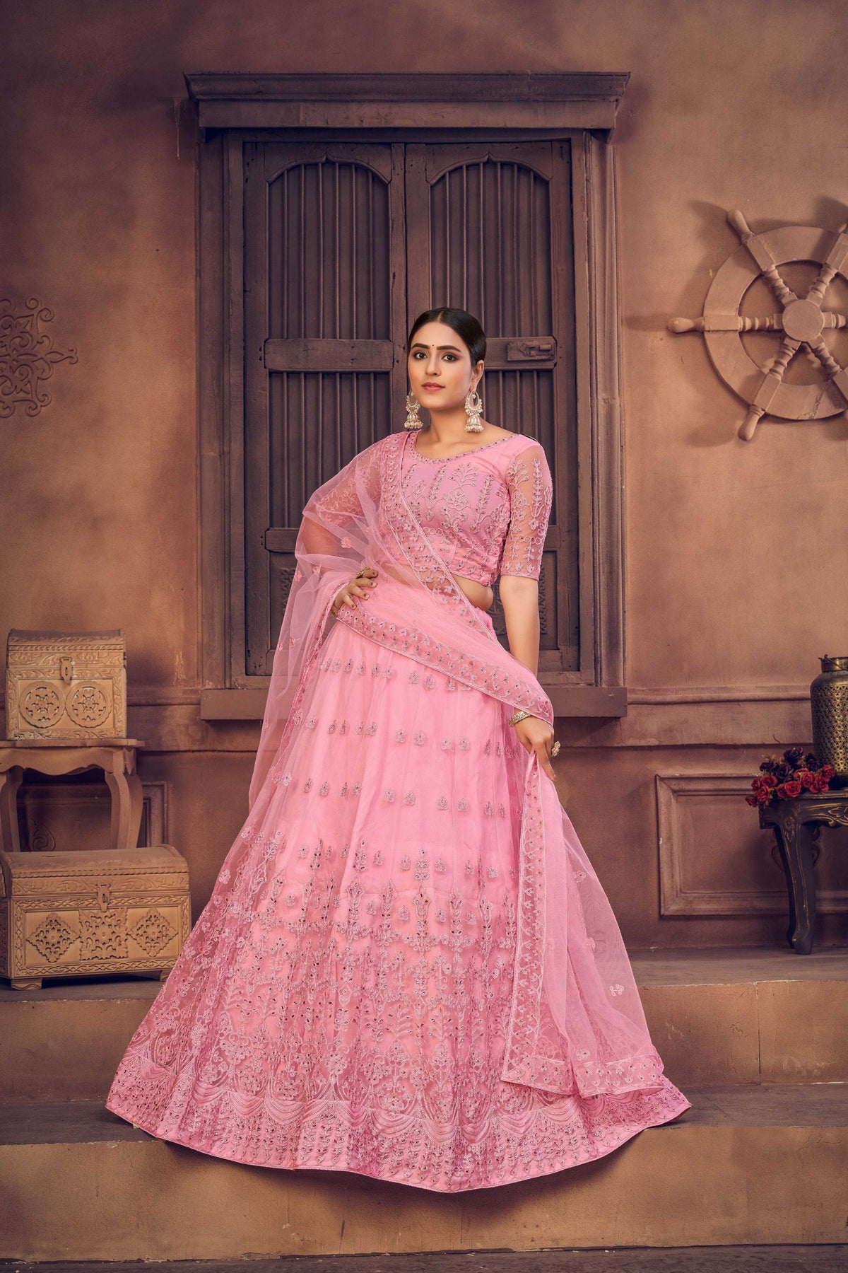Jyoti Fashion Women's Baby Pink Net Thread Embroidered Designer Lehenga Choli Set | Grocsy