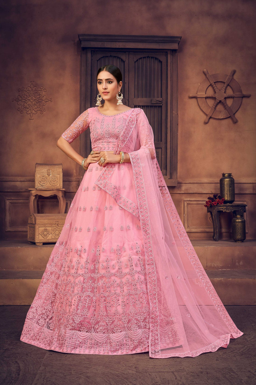 Jyoti Fashion Women's Baby Pink Net Thread Embroidered Designer Lehenga Choli Set | Grocsy