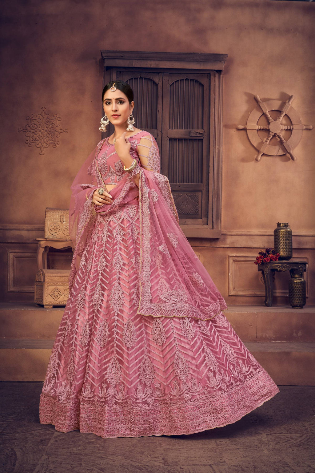 Jyoti Fashion Women's Dusty Pink Net Thread Embroidered Designer Lehenga Choli Set | Grocsy